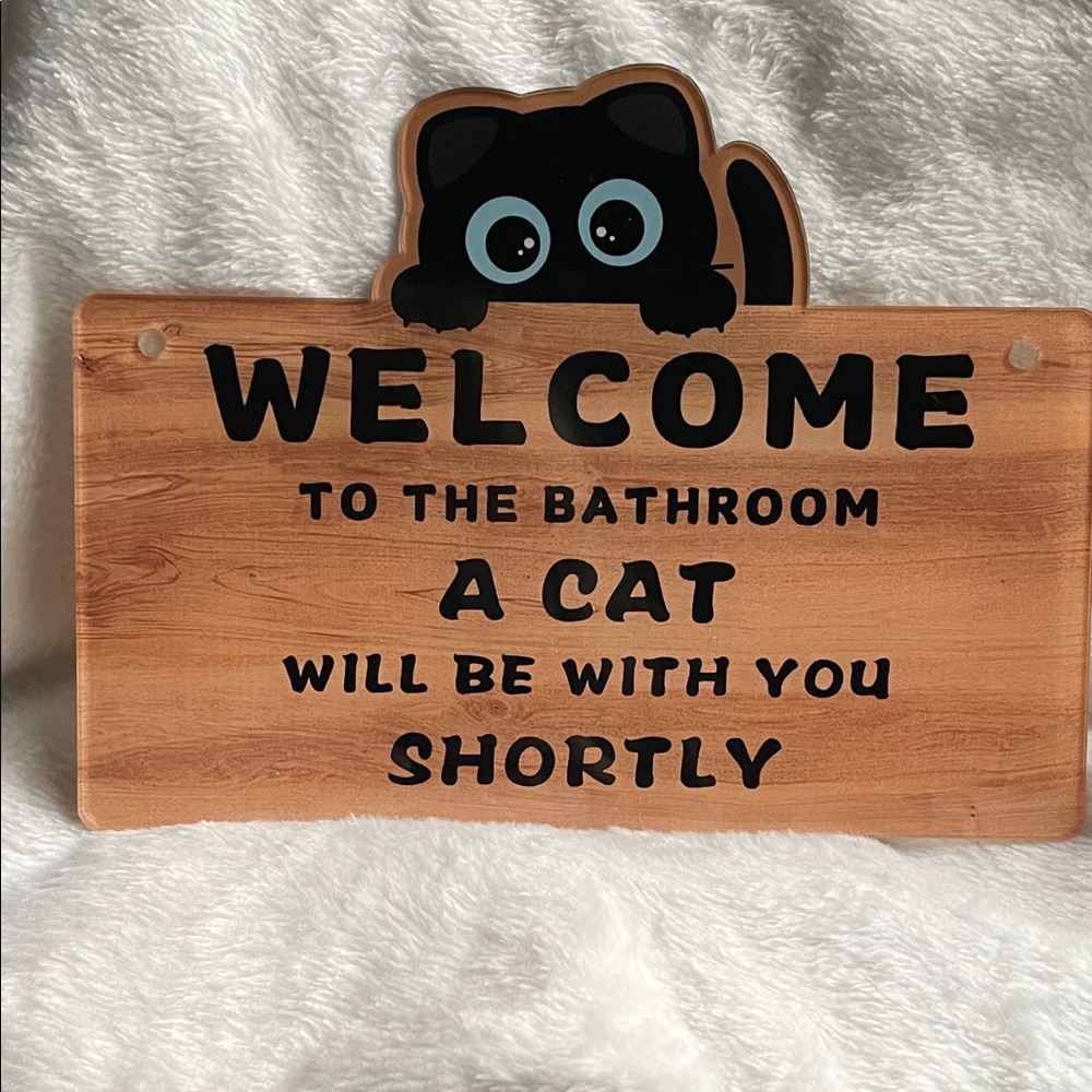 Cat Bathroom Welcome Sign - Black & Wood Tone